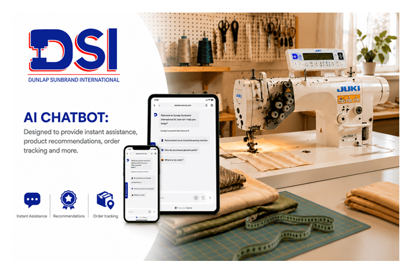 Sewing machine with smartphone and tablet displaying AI chatbot interface, DSI logo visible