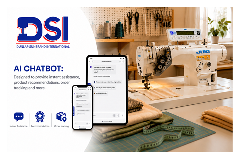 Sewing machine with smartphone and tablet displaying AI chatbot interface, DSI logo visible