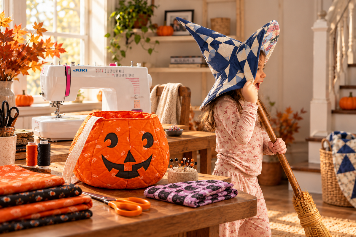 child wearing a home sewn witches hat, standing next to a home sewn pumpkin basket, with a Juki home sewing machine in the background