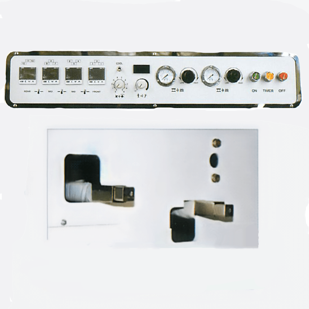 Control panel for a Hashima HP-1000LW fusing press with various buttons and displays on a white background