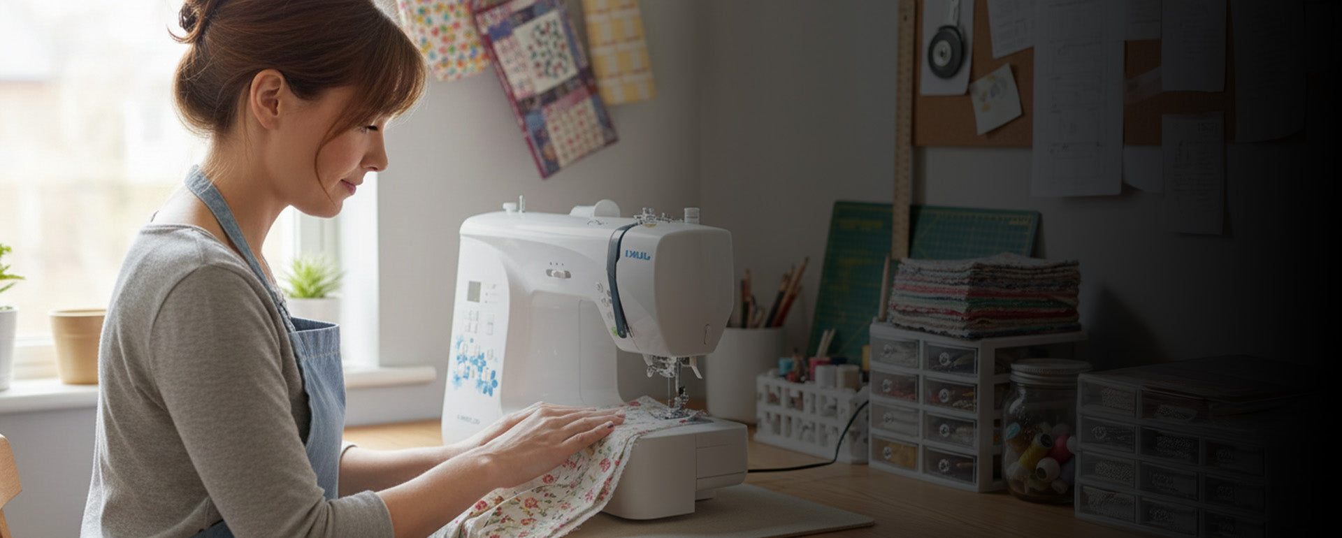 Woman using a sewing machine in a home setting with various sewing supplies in the background.