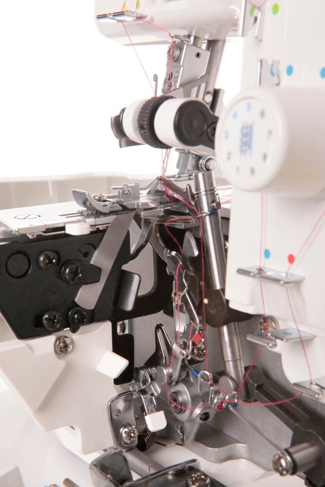 Close-up of a Juki Mo-654DE threading mechanism