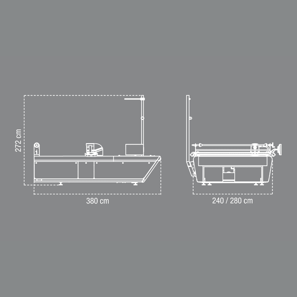 Technical drawing of a next2Delta30 cutting machine with dimensions on a gray background