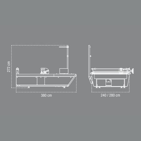 Technical drawing of a next2Delta30 cutting machine with dimensions on a gray background