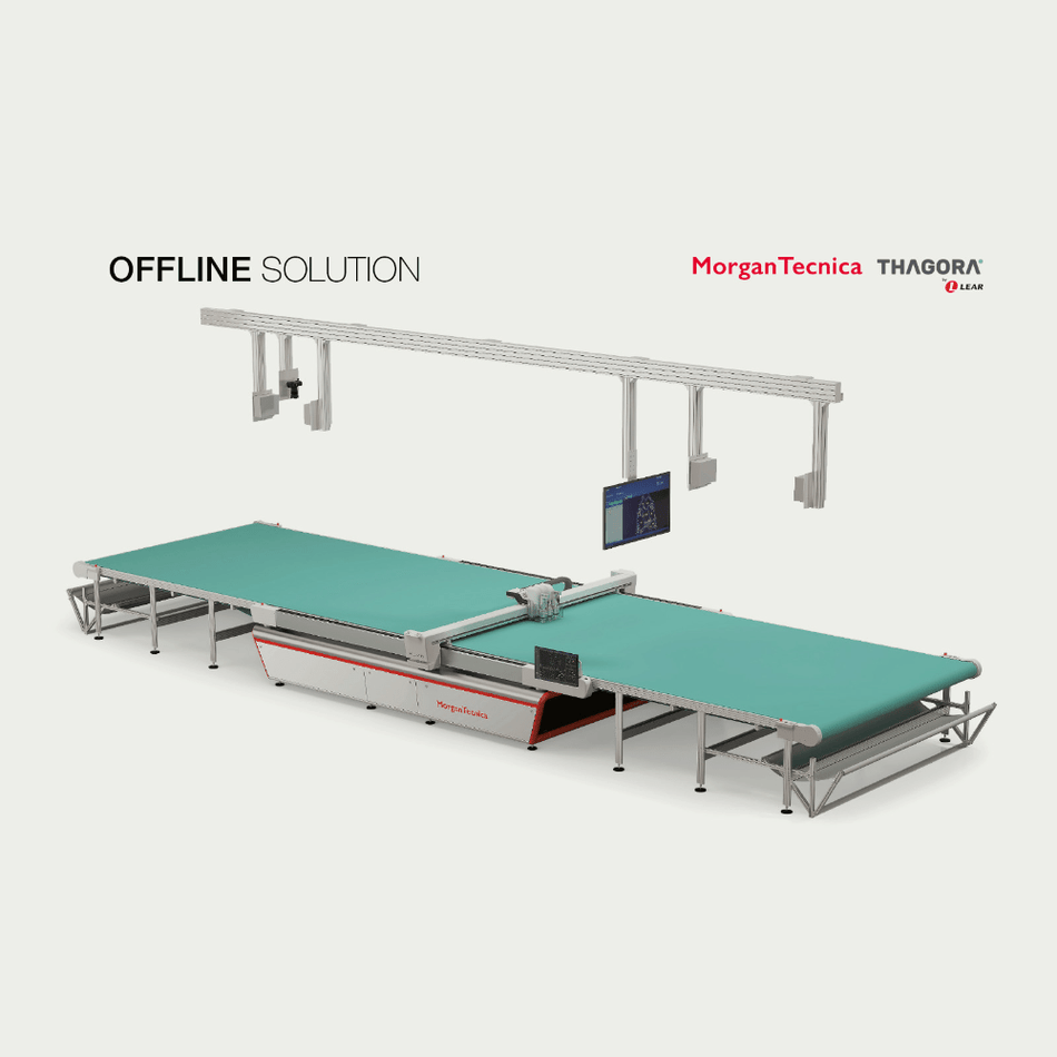 Conveyor system with 'Morgan Tecnica' and 'THAGORA' branding on a white background