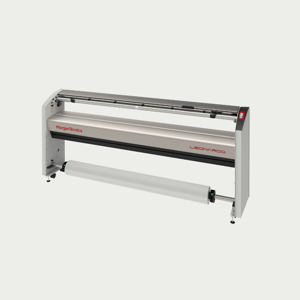 Wide-format plotter with 'MorganTechnics' and 'Leonardo' branding on a white background