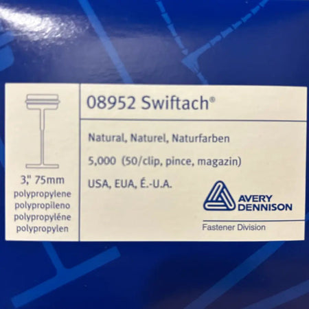 Avery Dennison 08952 Swiftach packaging with specifications on a blue background