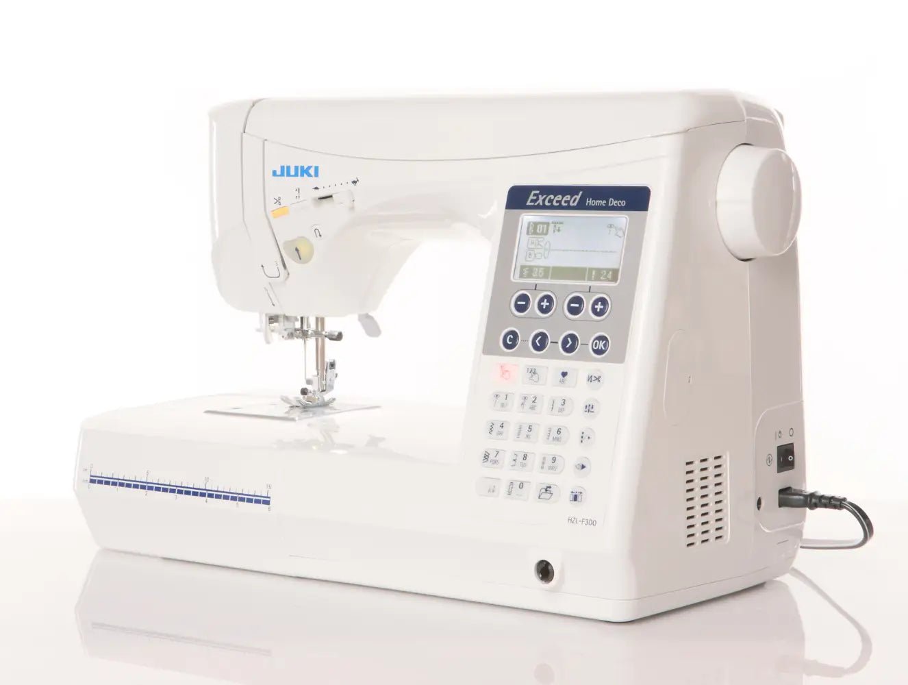 Juki Exceed HZL-F300 angled view of back power switch