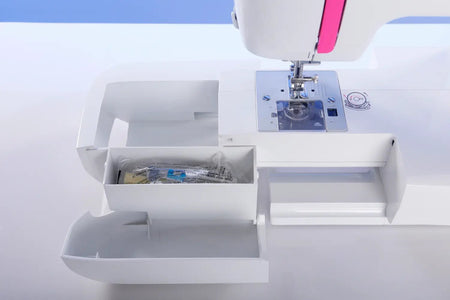 Close-up of a sewing machine with needle and thread on a white background