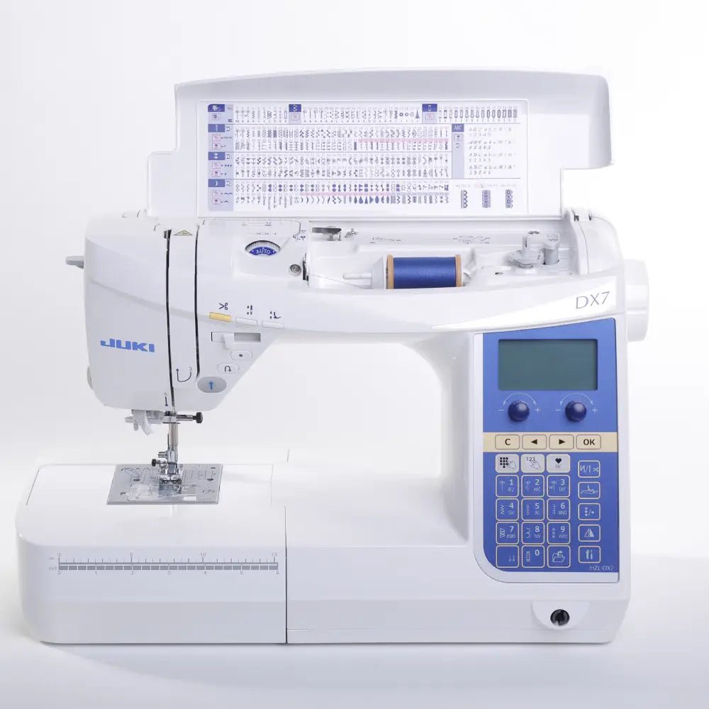 Juki HZL-DX7 home sewing machine with available stitch patterns on top panel