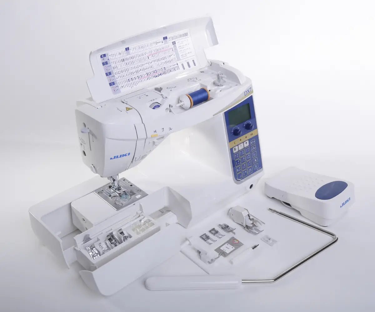Juki HZL-DX7 with accessories and open top panel