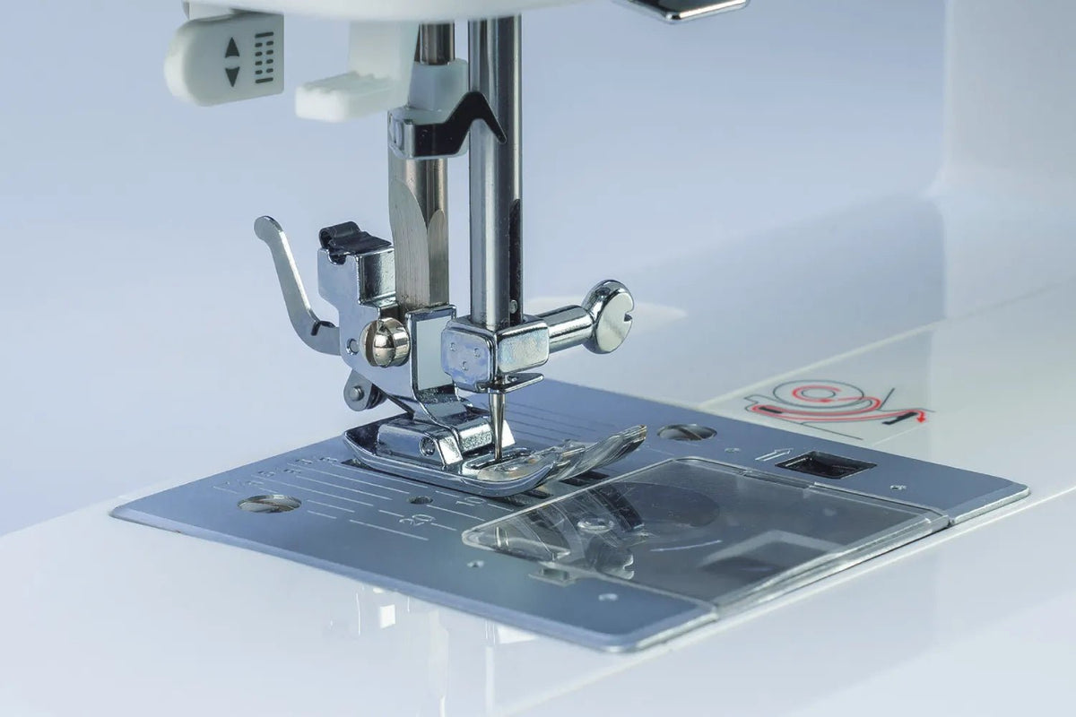 close-up of a Juki HZL-HT710 needle in the "down" position