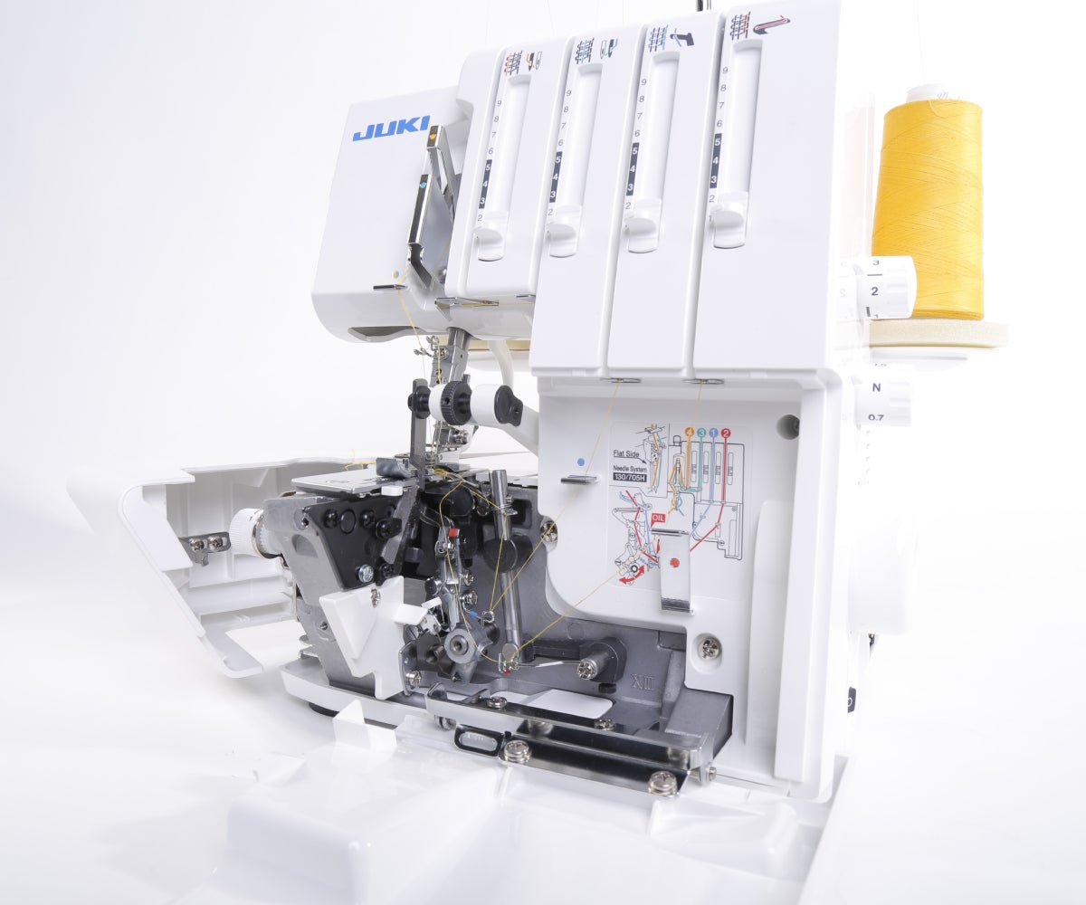 close-up view of a Juki MO-114D internal threading mechanism