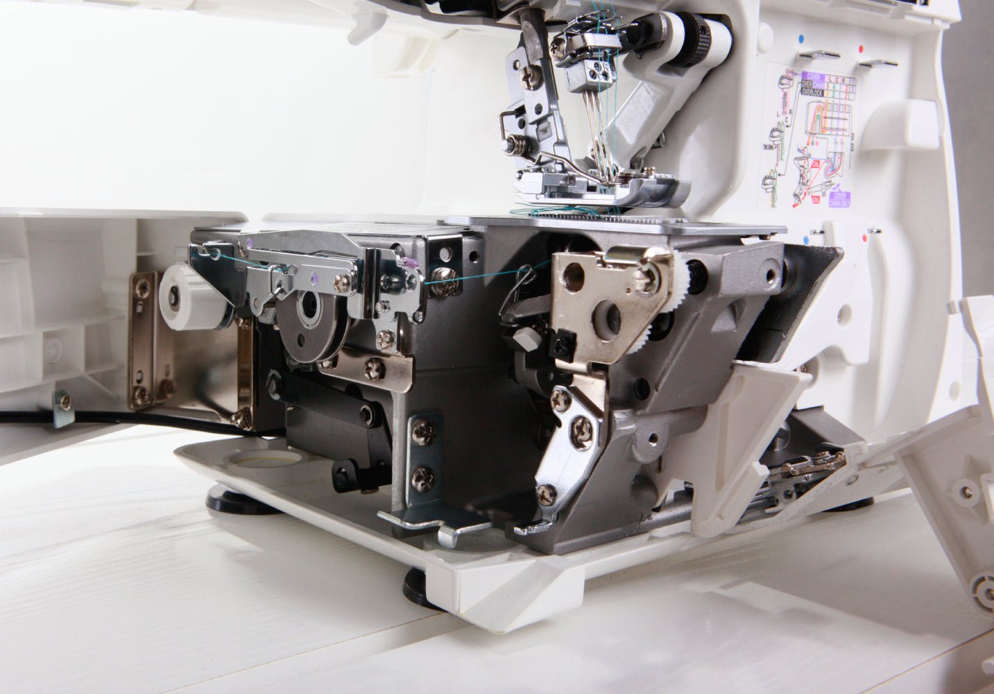 Close-up of internal threading mechanism on a Juki MO-735