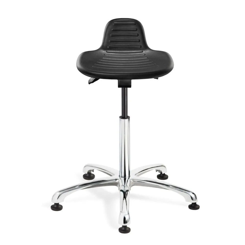 Black adjustable 3555 sit stand stool with a chrome base on a white background